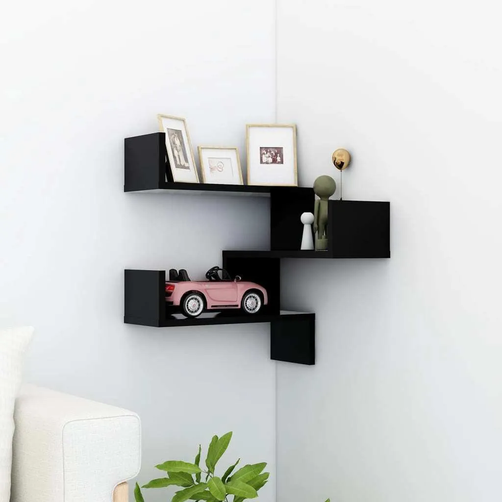 Rangement d'angle mural pour salon, étagère noire bois 40x40x50 cm