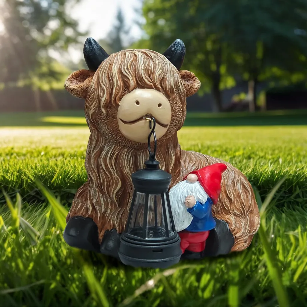 Nain de jardin résistant aux UV et pluie, motif vache des Highlands