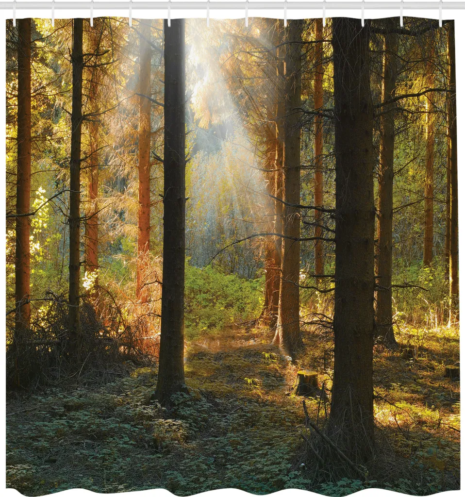 Grand Rideau de Douche Imperméable Motif Forêt et Brume Automnale 240cm