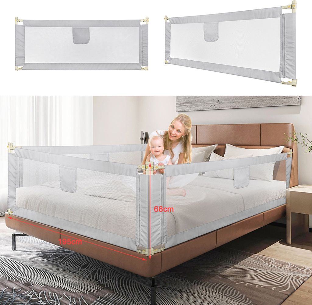 3x Baby Bettgitter 200cm Kinderbettgitter Rausfallschutz Bettschutzgitter Sicherheitsschutz für Kinder Grau