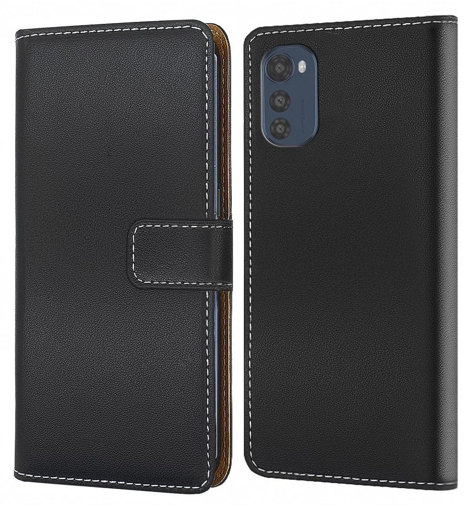 A black flip-style phone case is shown from the front and back.