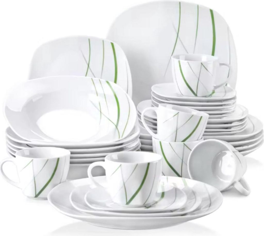 Nobleza Salatschüssel Set – 30-teilig – Weiß/Grüne Streifen – Tafelservices – Essteller – Tiefe Teller – Frühstücksteller – Serv...