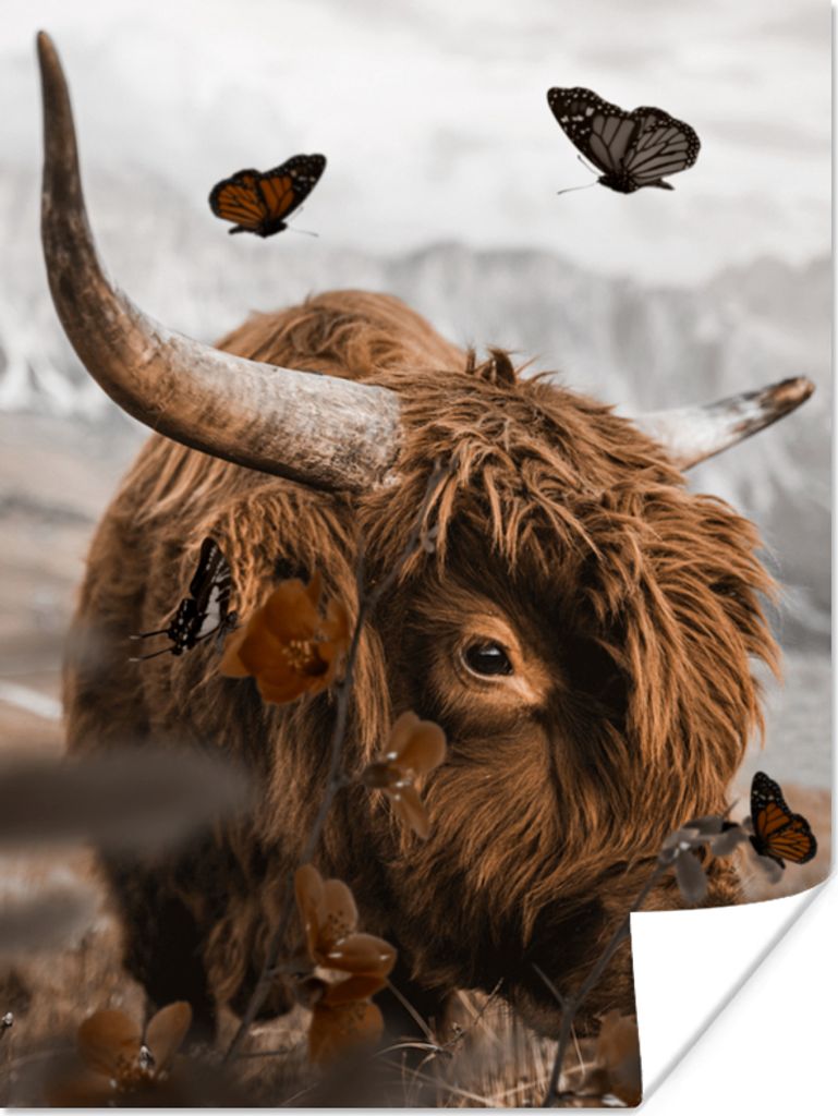 MuchoWow Poster Schottische Highlander - Schmetterlinge - Natur 90x120 cm - Wohnzimmer