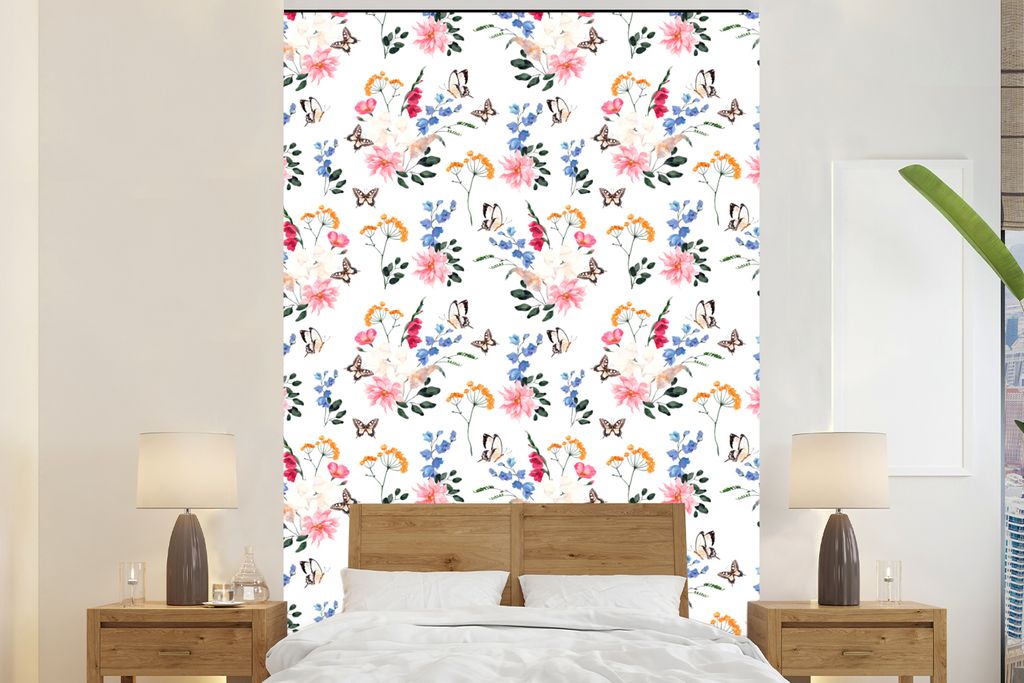 MuchoWow Fototapete für Wohnzimmer oder Schlafzimmer Wandtapete Vinyl Motivtapete Blumen - Schmetterling - Pastell - 170x260 cm - Wohnzimmertapete