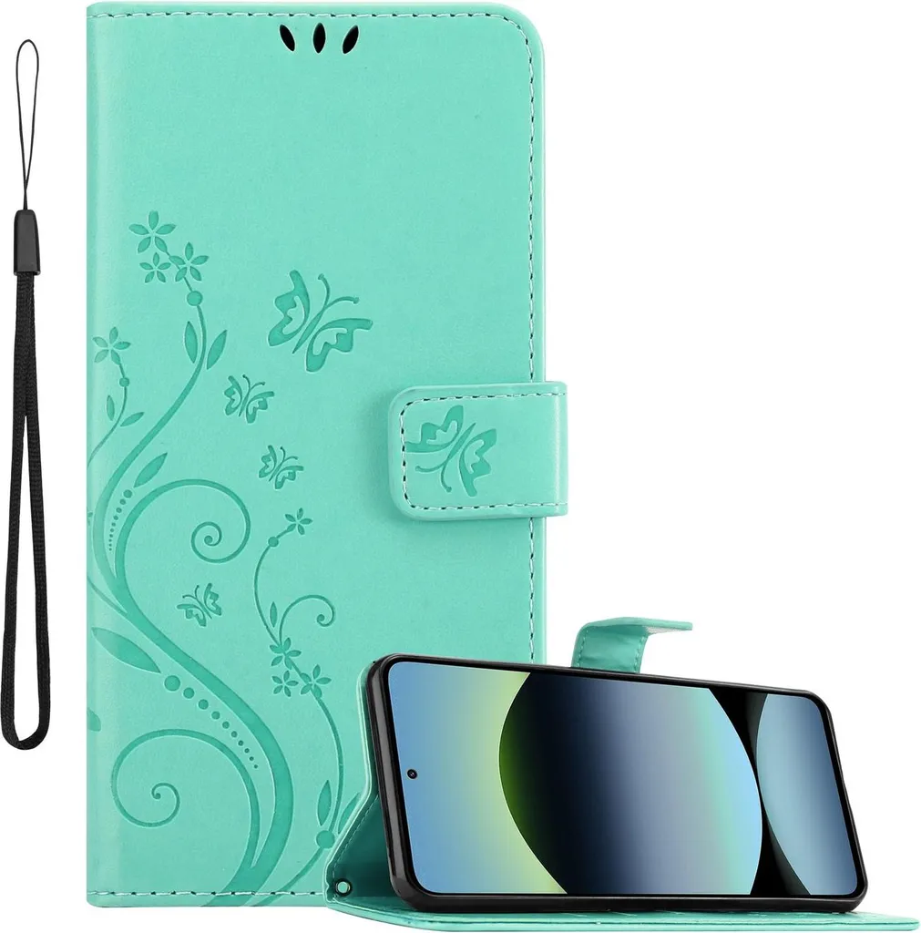 Cadorabo cover per Xiaomi RedMi Note 14 5G cover in FLORAL TURQUOISE cover protettiva in design floreale con chiusura magnetica, funzione stand e slot per carte Book Case Cover