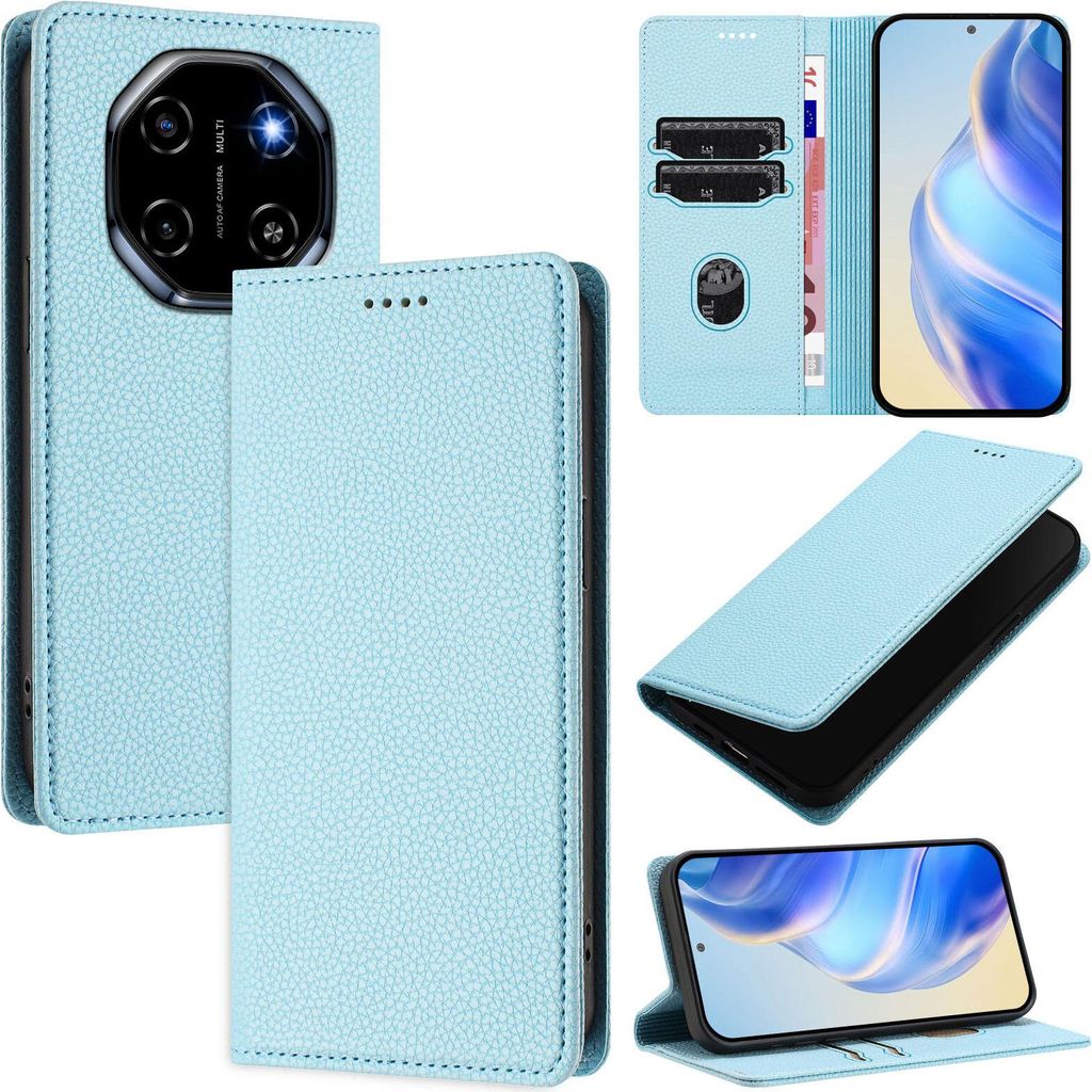 Litchi Leder Handyhülle für Blackview Shark 6 Wallet Kartenfächer Standfunktion Hülle Hellblau