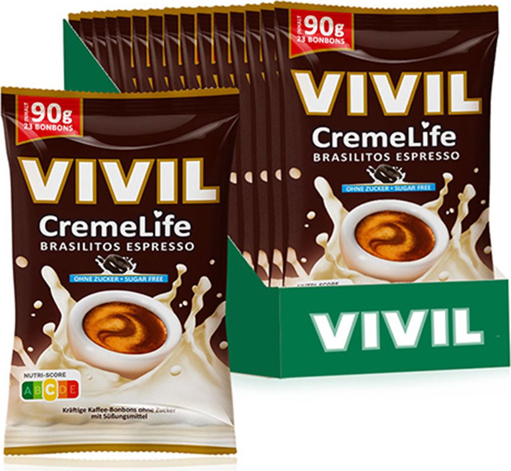 A display of VIVIL CremeLife Brasilitos Espresso sugar-free candies in their packaging.