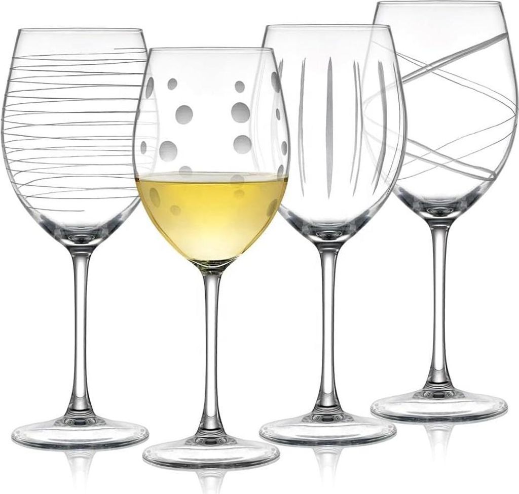 Geätzte rote und weiße Weingläser mit Streifen und Punkten - Handgeblasen - 560 ml - Set von 4