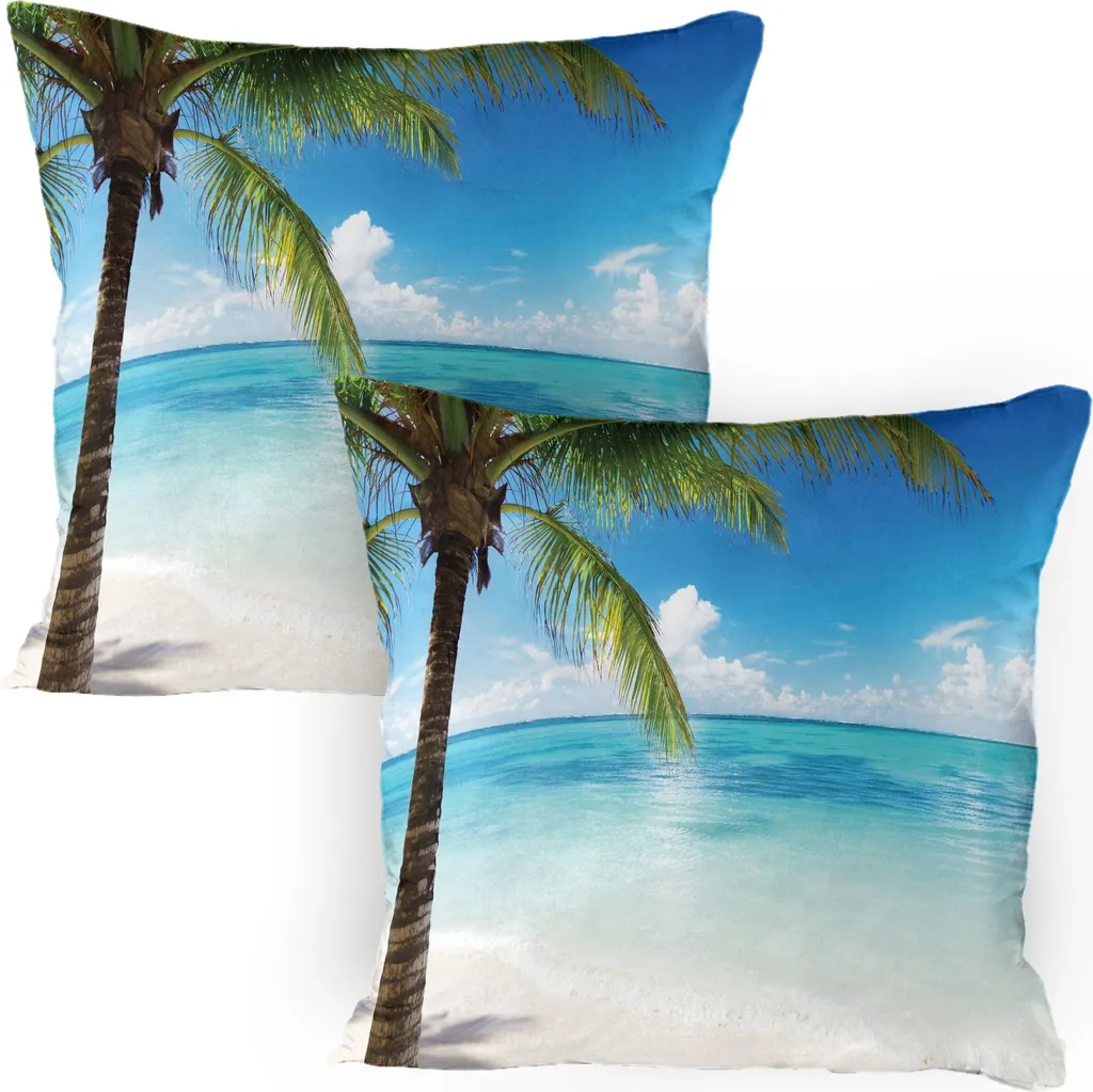 ABAKUHAUS Federa per cuscino Ocean Confezione da 2, Esotico Spiaggia Acqua Palma Cielo Nuvola Sabbia Cielo limpido Isola Paesaggio, Federa per cuscino decorativa stampata, 80x80 cm, Verde Bianco Blu
