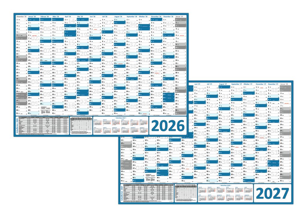 XXL Wandkalender Wandplaner 2026 + 2027 blau (gerollt) DIN A0 Format (841 x 1189 mm) 14 Monate, komplette Jahresvorschau Folgejahr und Ferientermin...