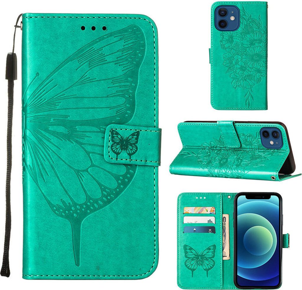 iPhone 12 Mini Hülle, Schmetterling Prägung Flip Leder Kartenfächer Schutzhülle Ledertasche mit Ständer für iPhone 12 Mini Grün