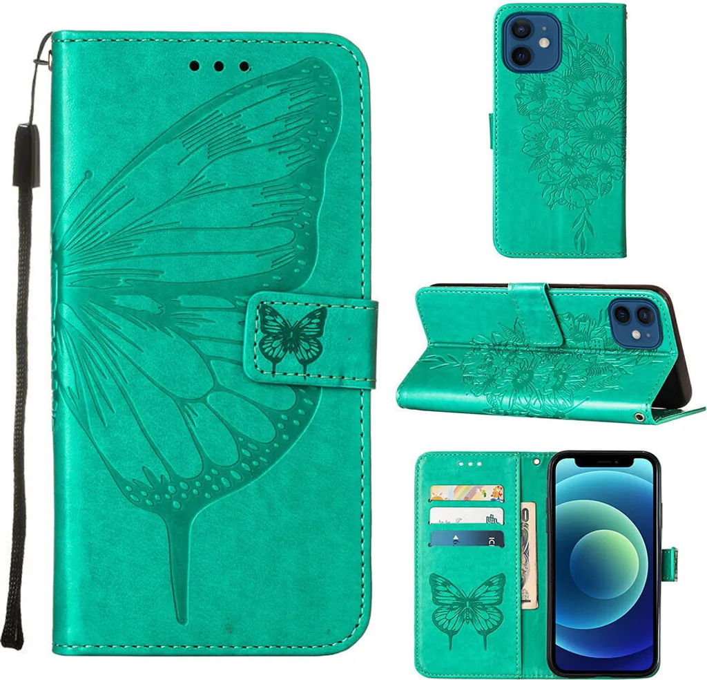 custodia per iPhone 12 Mini, Custodia in pelle Flip Butterfly Relief con slot per schede e supporto per iPhone 12 Mini verde