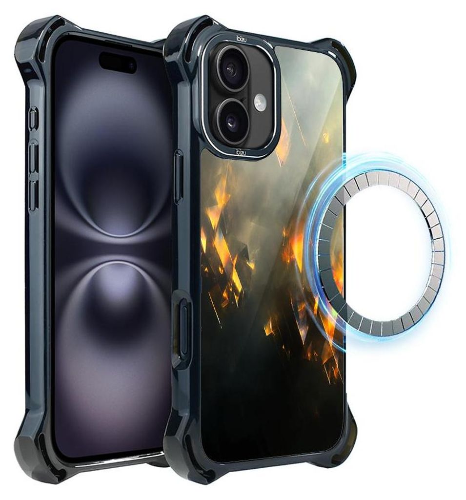 Schutzhülle für das iPhone 16 Plus, MagSafe-kompatibel, verstärkte Ecken, schwarz, Funken, Feuer