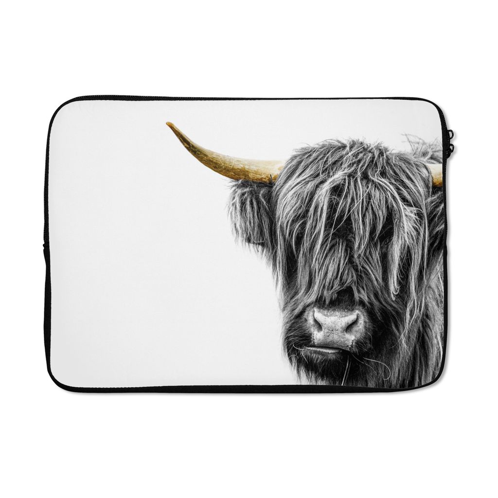 MuchoWow Laptop Hülle 13 Zoll Scottish Highlander - Weiß - Schwarz & Gold Laptoptasche - Laptophülle - Sleeve - Rundumschutz