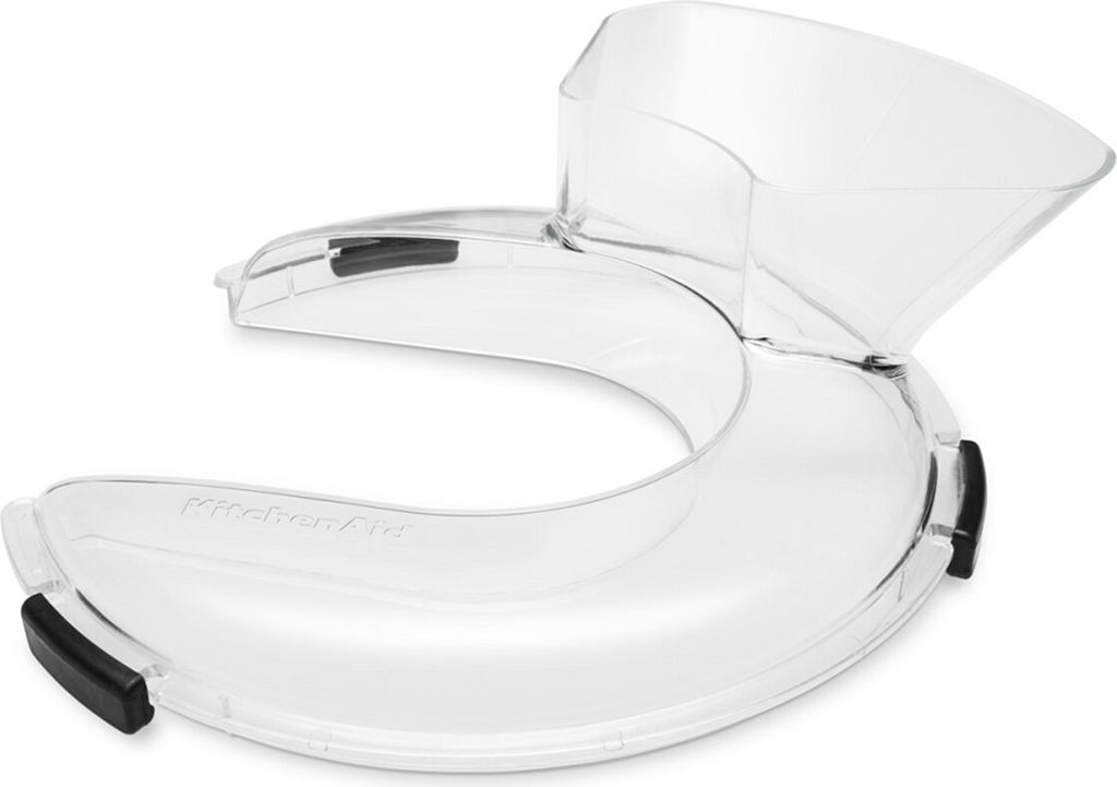 A clear plastic pouring shield with black clips, likely for a stand mixer.