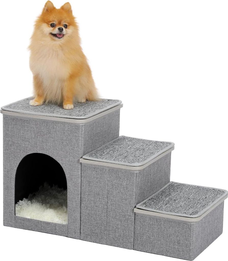 Zusammenklappbare Hundetreppe mit 3 Stufen, Haustiertreppe für kleine Hunde, mit Stauraum, 3 Stufen zur Couch