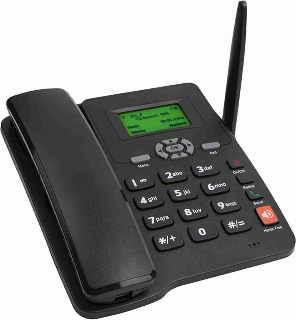 A black cordless GSM phone with an antenna and a green LCD screen is shown against a white background.