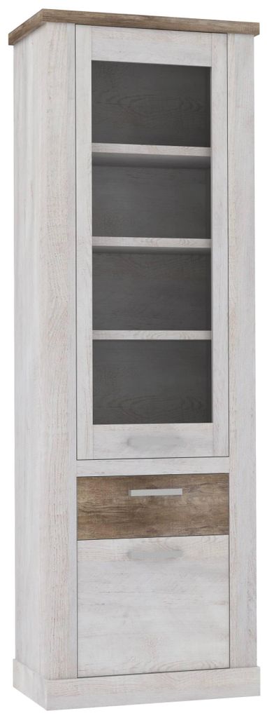 Vitrine DURO mit Glastür, weißer Pinie-Front und dunkler Holzplatte oben, Gesamtansicht.