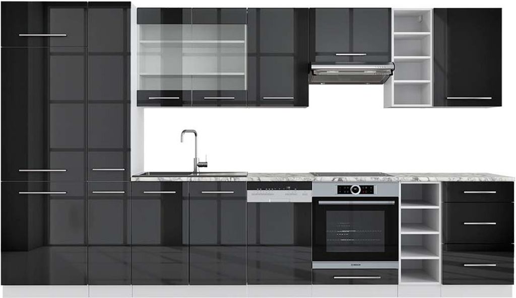 Küchenzeile Vicco Fame-Line Anthrazit Hochglanz/Weiß 355 cm , AP Marmor, Model 49268