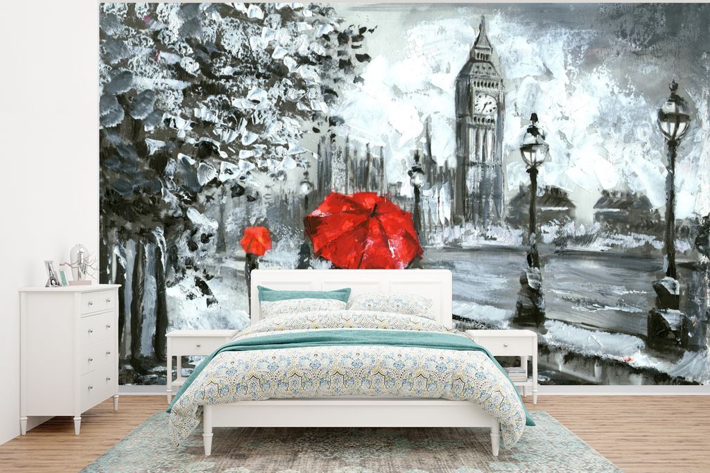 MuchoWow Fototapete für Wohnzimmer oder Schlafzimmer Wandtapete Vinyl Motivtapete Gemälde - Regenschirm - Öl - 400x300 cm - Papiertapeten