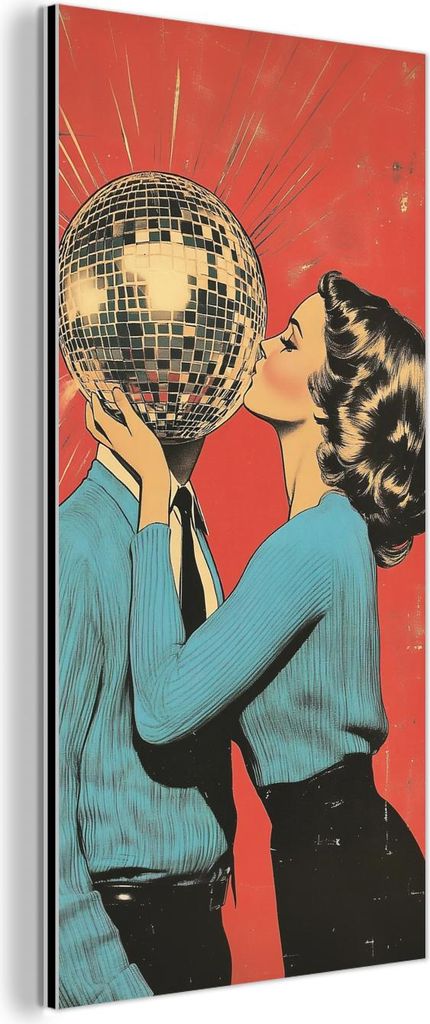 MuchoWow Wanddekoration Metall Metallbild Wandkunst 20x40 cm Frau - Retro - Discokugel - Kuss MuchoWow Aluminium Gemälde - Aluminium Gemäldes