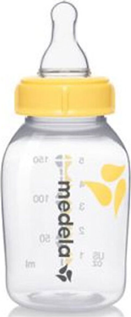 A clear, professional studio shot of a Medela baby bottle.
