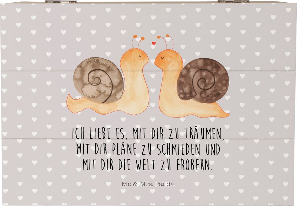 Mr. & Mrs. Panda Kiste Schnecken Liebe 22 x 15 cm - Grau Pastell - Geschenk, Träume, Holzkiste mit Deckel, Gemeinsam, Pärchen, Paar, fotobox, Auf...