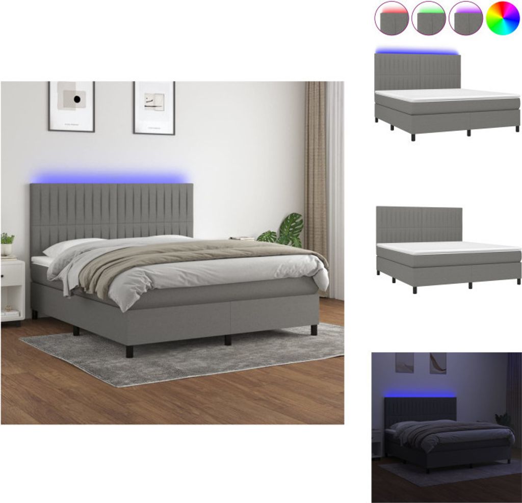vidaXL Boxspringbett mit Matratze & LED Dunkelgrau 180x200 cm Stoff - Betten & Bettgestelle