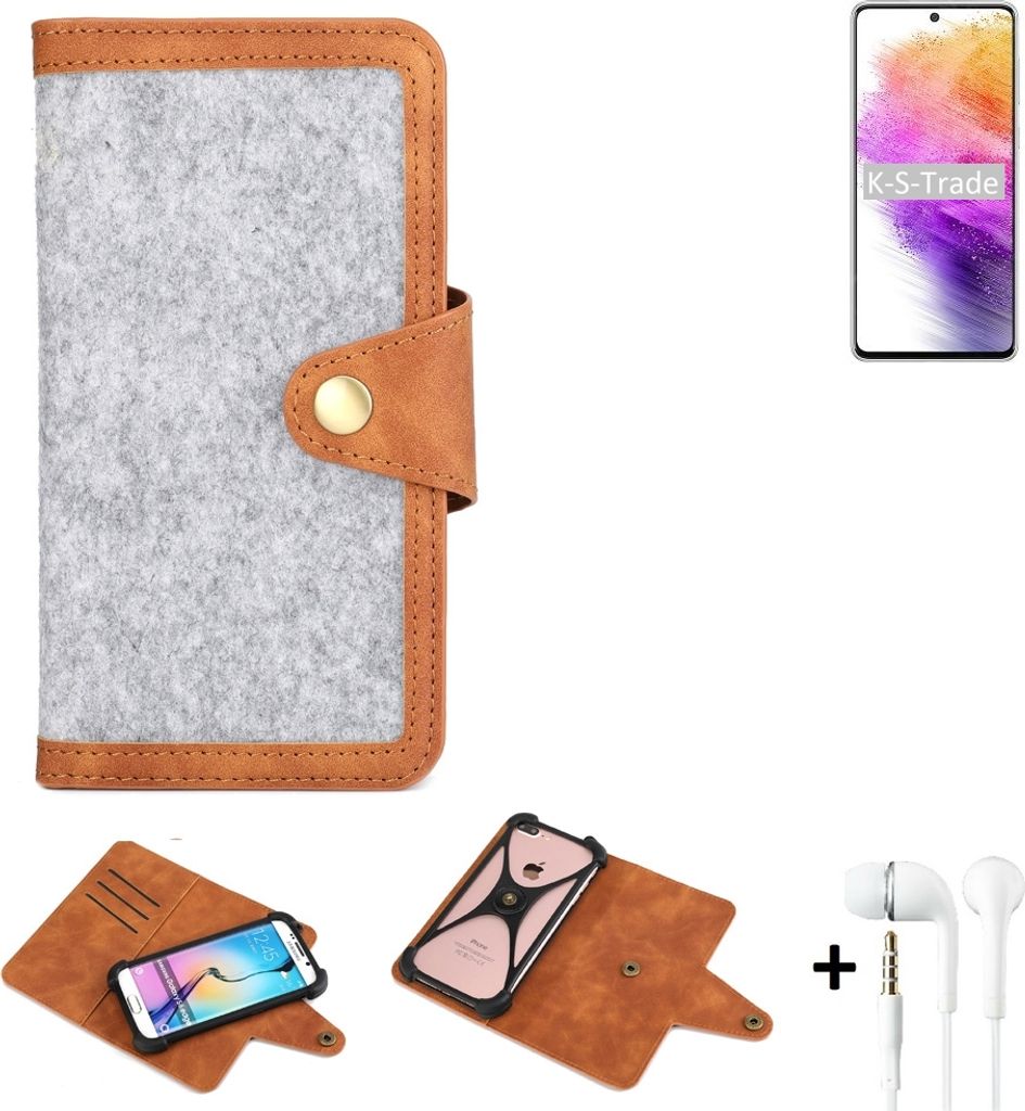 K-S-Trade Handyhülle + Kopfhörer kompatibel mit Samsung Galaxy A73 5G Schutzhülle Filz Hülle Kunstleder hellgrau braun (1x)