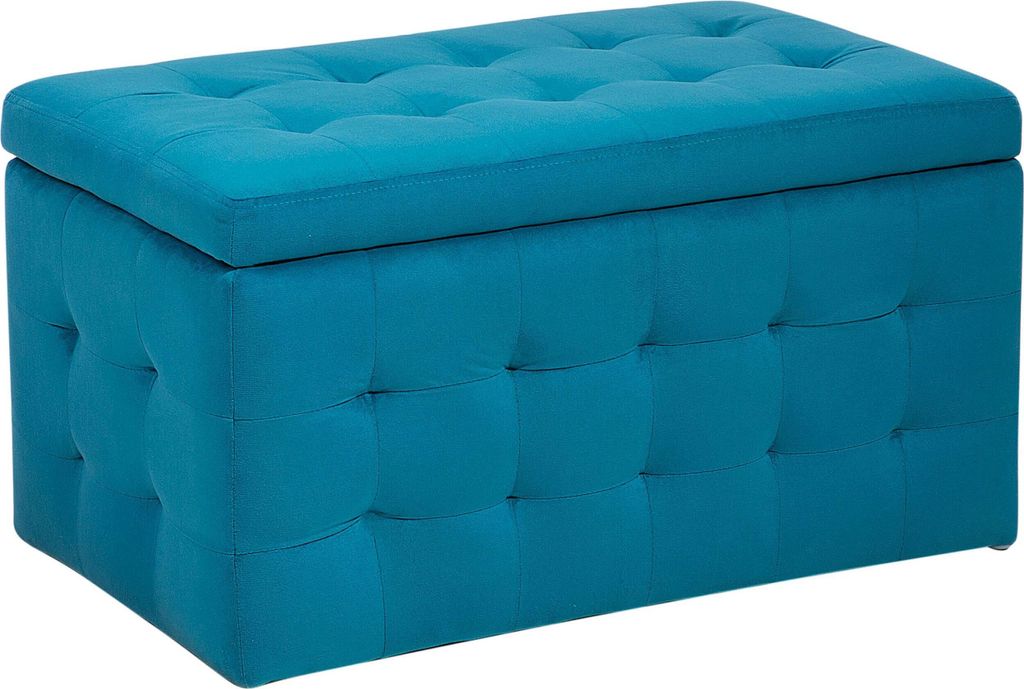 A tufted ottoman with storage in a marine blue velvet fabric, shown from a three-quarter angle against a white background.