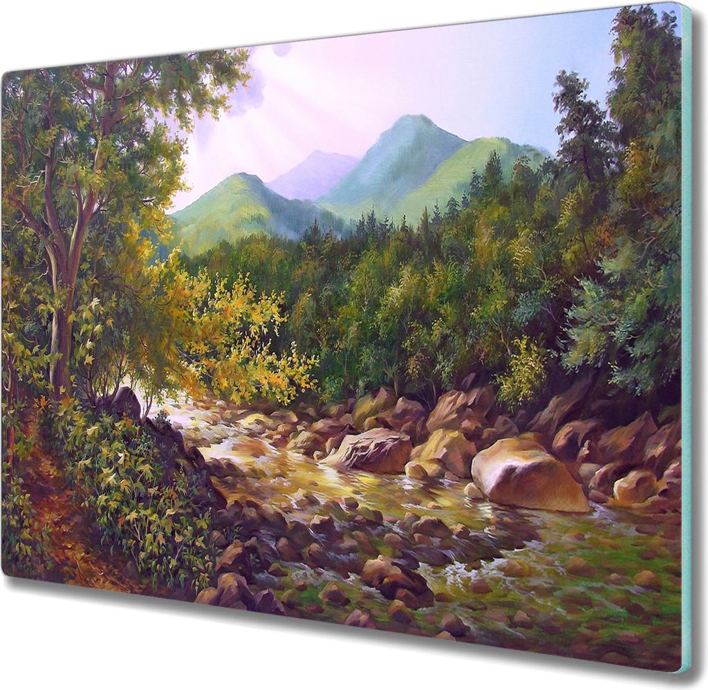 Coloray Hackbrett Kochplattenabdeckung Herdabdeckplatte 60x52 cm Schneidebrett Küchenbrett - Waldgebirgsfluss Steine