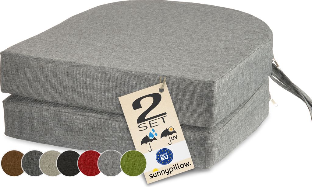 sunnypillow 2er Set Stuhlkissen Outdoor, wasserdicht UV-lichtecht 40 x 40 x 7cm dick - Polsterauflage mit Bändern - Auflage für Stühle,Bänke - ...