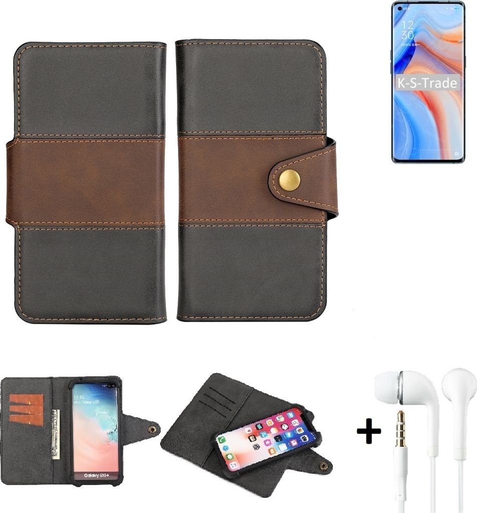 K-S-Trade Handyhülle Schutzhülle Bookstyle Wallet-Case kompatibel mit Oppo Reno4 Pro + earphones Bumper rundumschutz schwarz-braun 1x