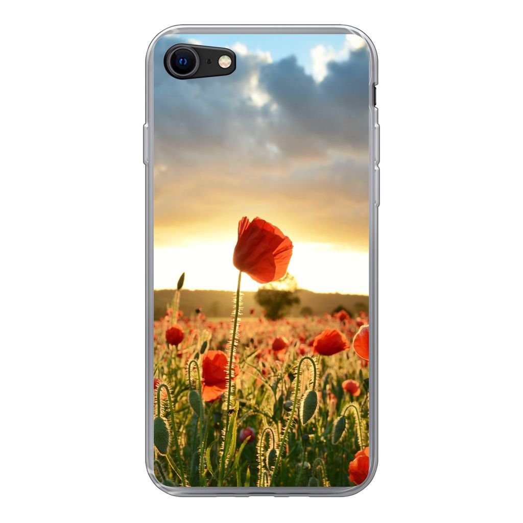 MuchoWow Handyhülle Schutzhülle Hülle für iPhone 8 Bunter Himmel über vielen Mohnblumen Silikon Softcase Handy Hülle - Schutzhaube