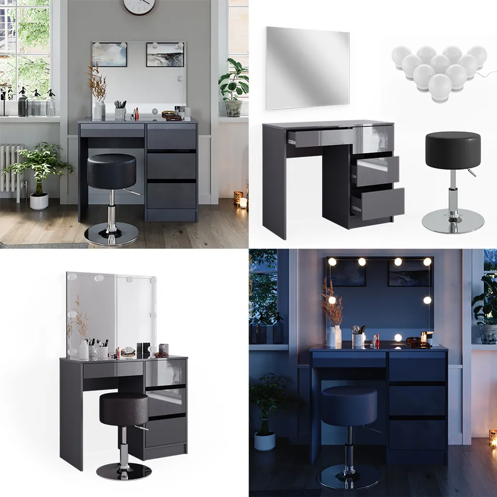 Coiffeuse anthracite haute brillance 90cm éclairage LED et son tabouret - 9