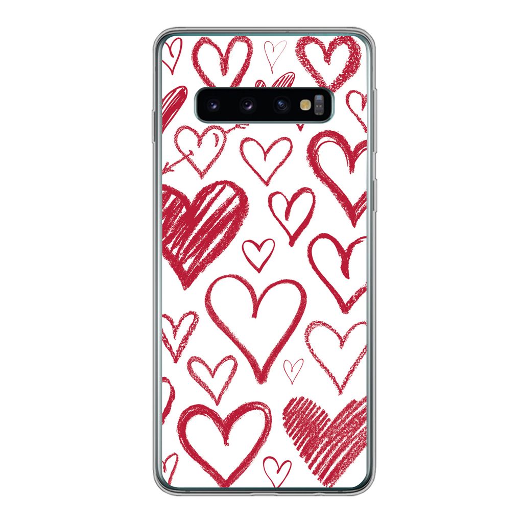 MuchoWow Handyhülle Schutzhülle Hülle für Samsung Galaxy S10 Eine Illustration mit mehreren Herzen auf weißem Hintergrund Silikon Softcase H...