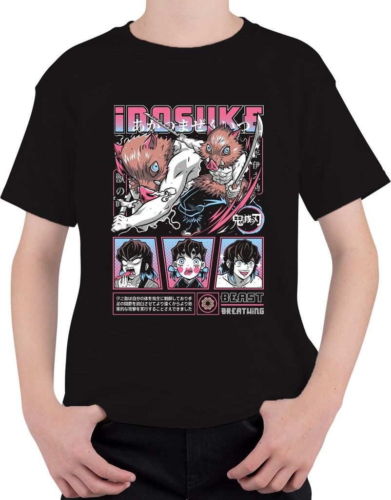 Inosuke Kimetsu no Yaiba Ebermaske Anime Geschenk Beast Uni Kinder T-Shirt, Schwarz, 116