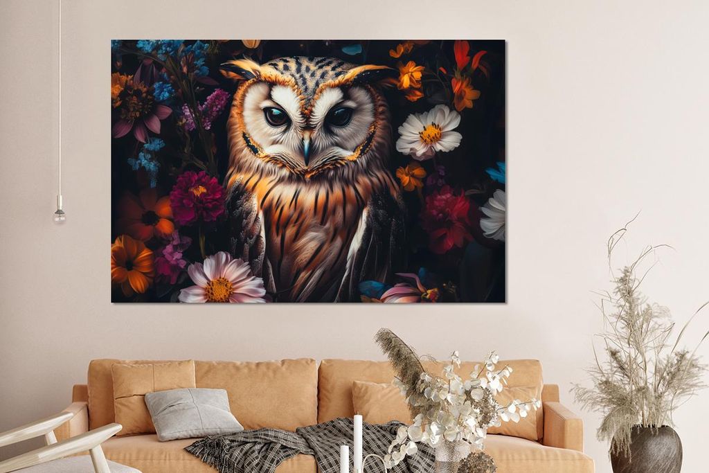 MuchoWow Wanddekoration Metall Metallbild Wandkunst 150x100 cm Eule - Blumen - Farbenfroh - Natur MuchoWow Aluminium Gemälde - Alu Dibond Bild