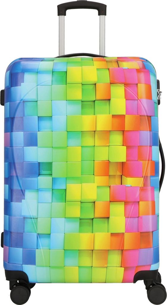 A colorful suitcase with a cube pattern.