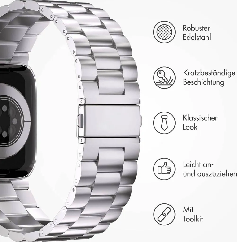 Watch 10 - 46 mm, Watch 1 - 42 mm, Watch 2 - 42 mm, Watch 3 - 42 mm, Watch 42 mm, Watch 44 mm, Watch 4 - 44 mm, Watch 5 - 44 mm, Watch 6 - 44 mm, Watch 7 - 45 mm, Watch 8 - 45 mm, Watch 9 - 45 mm, Watch SE 2022 - 44 mm, Watch SE 2023 - 44 mm, Watch SE - 44 mm, Watch Ultra 2 - 49 mm, Watch Ultra - 49 mm Cinturino: imoshion Stahlband AW - 2