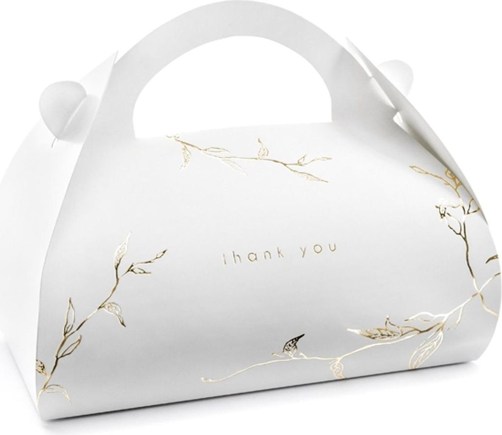 A white gift box with gold floral accents and the text "thank you".