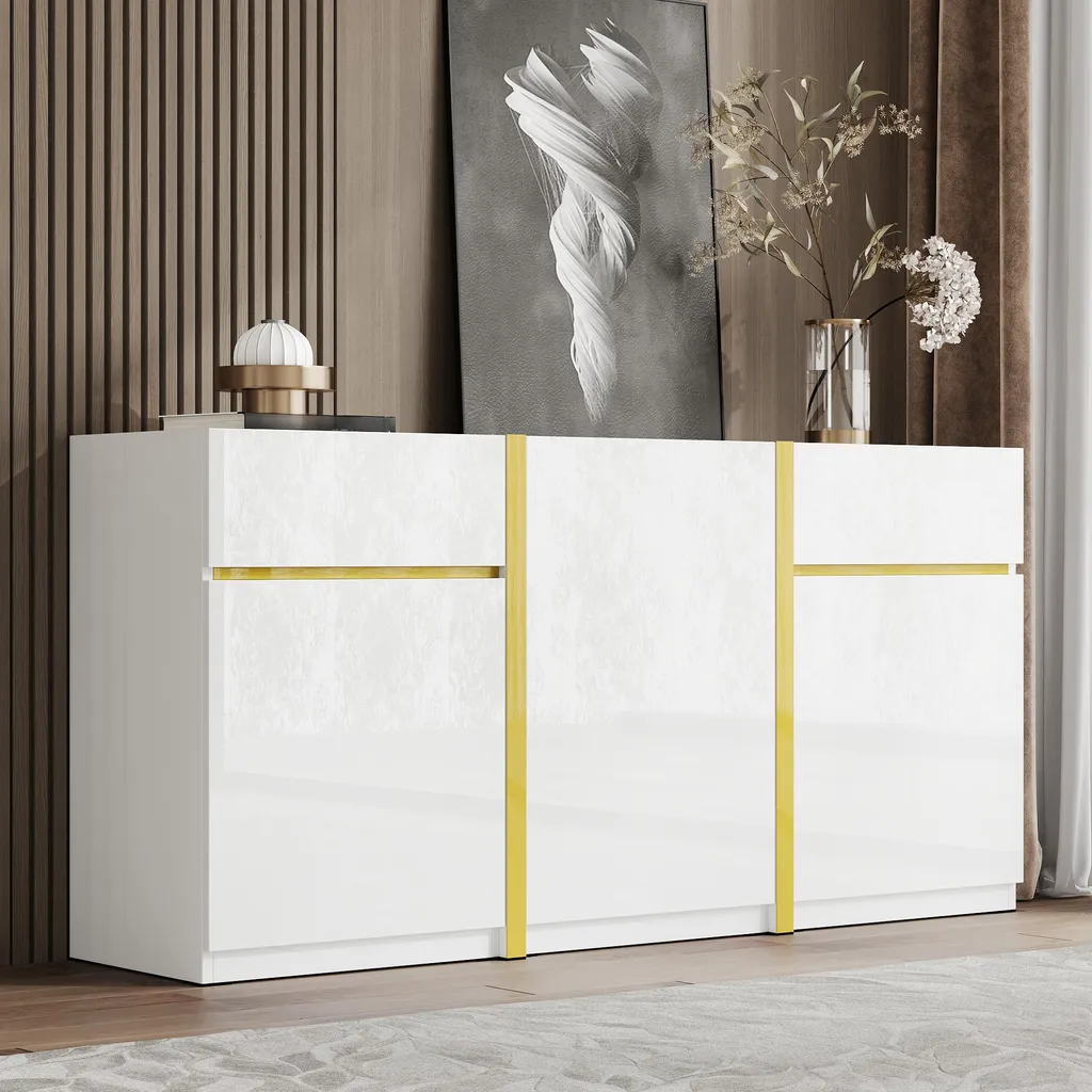 Merax Buffet Blanc Brillant avec Accents Dorés à 3 Portes et 2 Tiroirs