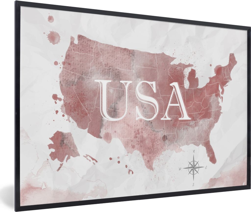 MuchoWow MuchoWow Gerahmtes Poster Karte - Amerika - Aquarell 30x20 cm - Poster mit zchwarzem Bilderrahmen - Kunstdruck - Bild-Poster