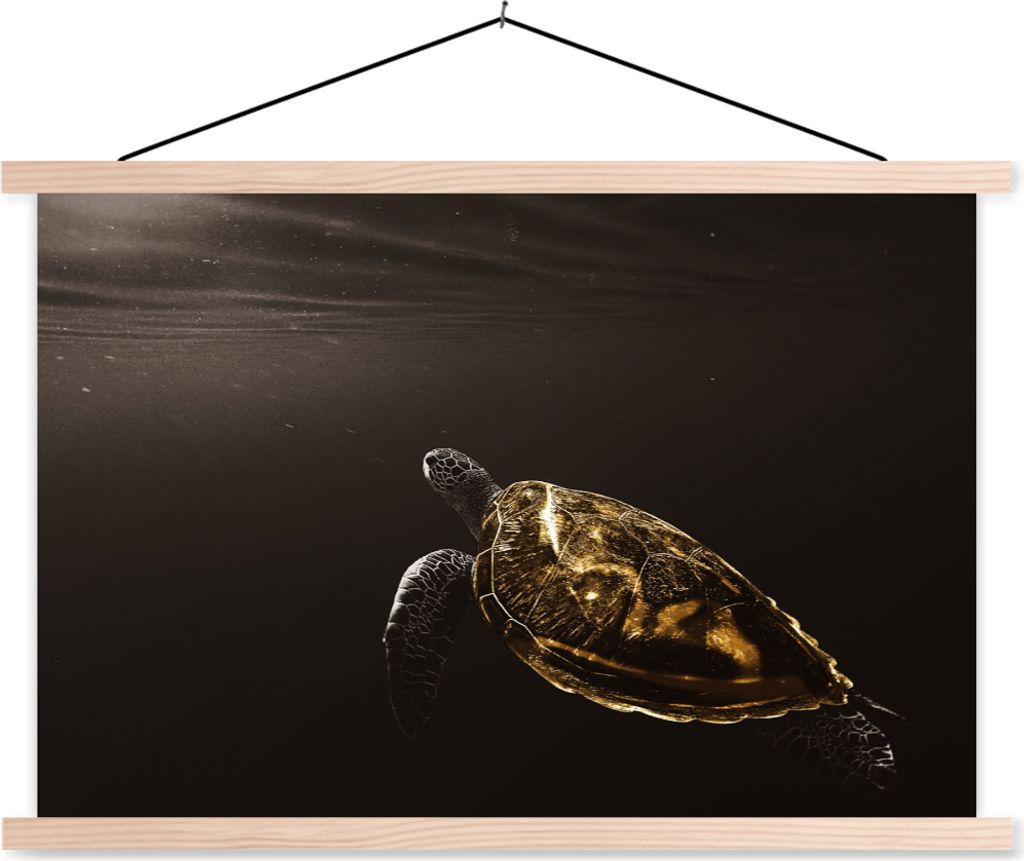 MuchoWow Textilposter Schildkröte - Schwarz - Gold 120x80 cm mit holzfarbenen Rahmen - Aufhängeset