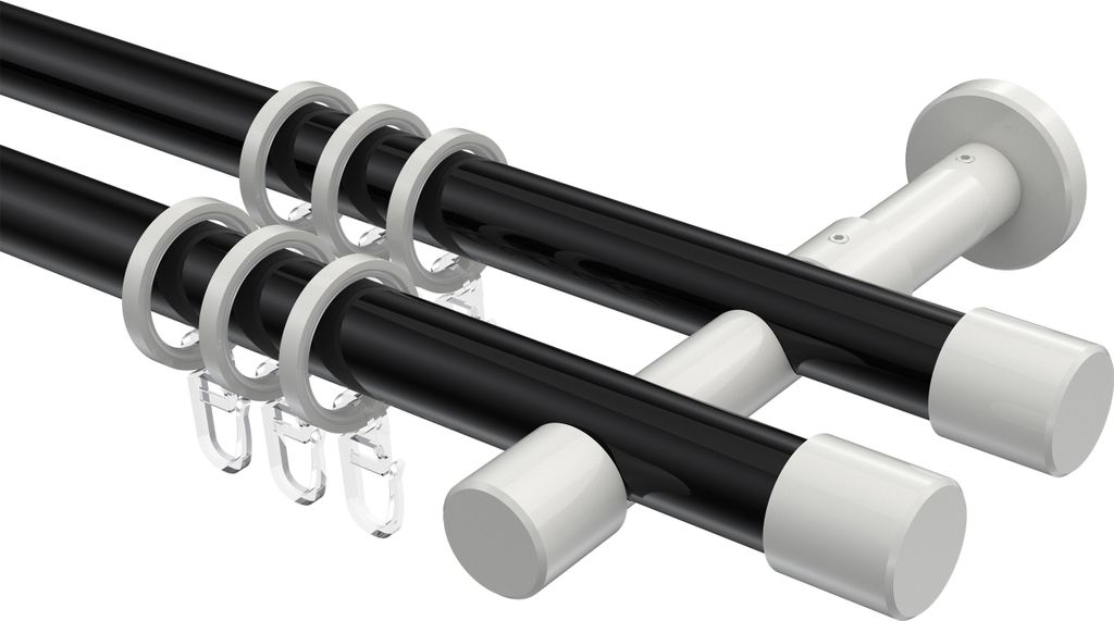 Interdeco Gardinenstange / Vorhangstange Schwarz / Weiß, Typ Prestige Santo (Kappe), 20 mm Ø 2-läufig, 200 cm