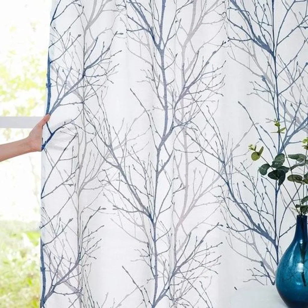 Rideaux Décoratifs Chambre et Salon en Lin Bleu à Motifs Végétaux