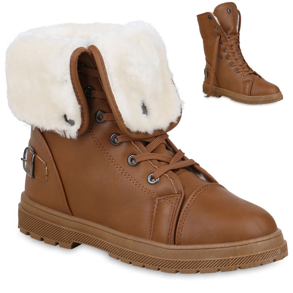 Mytrendshoe Warm Gefütterte Damen Stiefeletten Worker Boots