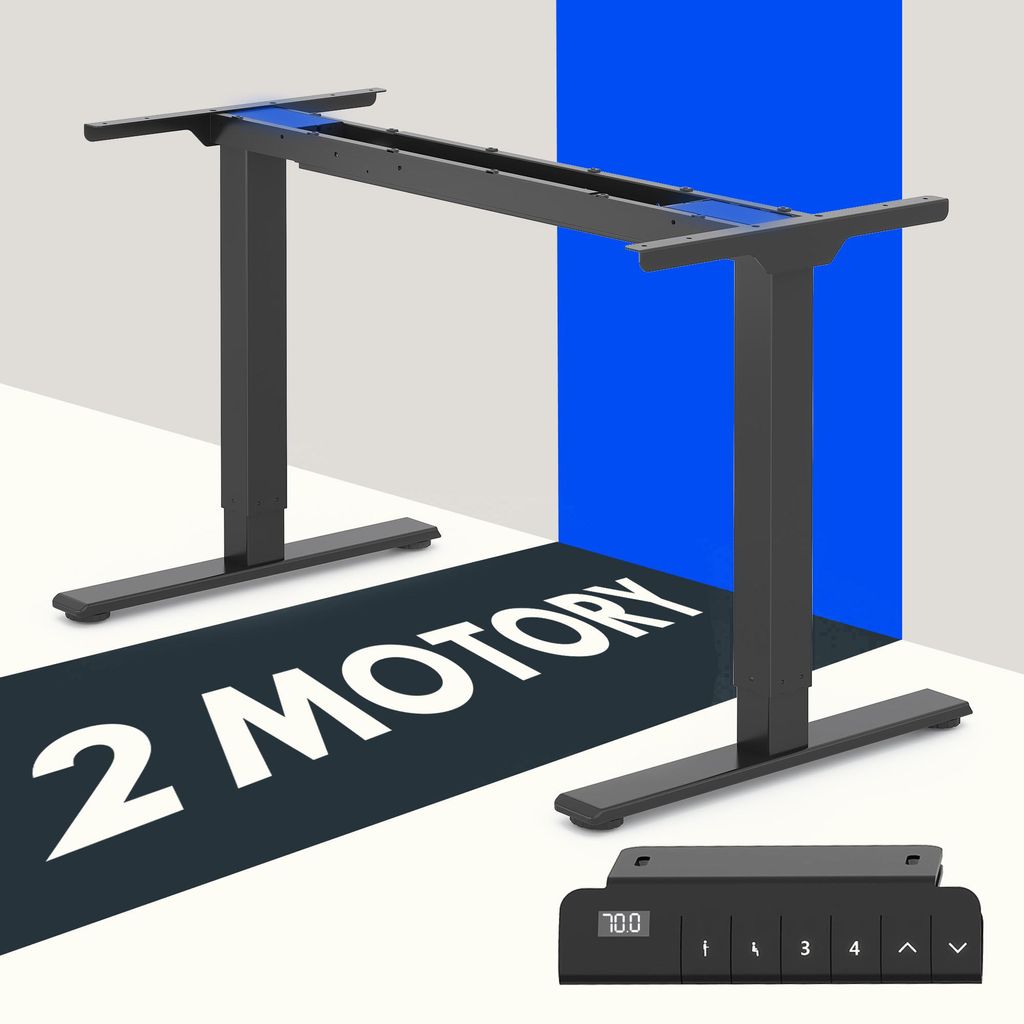 A black electric standing desk frame with a control panel, displayed on a light gray and white background with a blue accent.