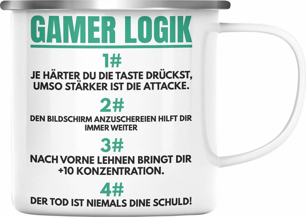 Trendation - Gamer Logik Emaille Tasse Geschenk für Jungs Jungen Geschenkidee zum Geburtstag Lustiger Spruch (Silber)