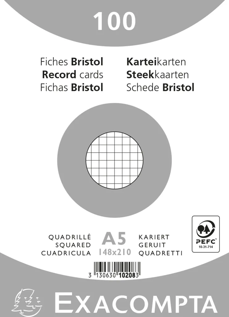 Exacompta 10x 100 Fiches Bristol A5 5x5 Non Perforé Blanc 10208E